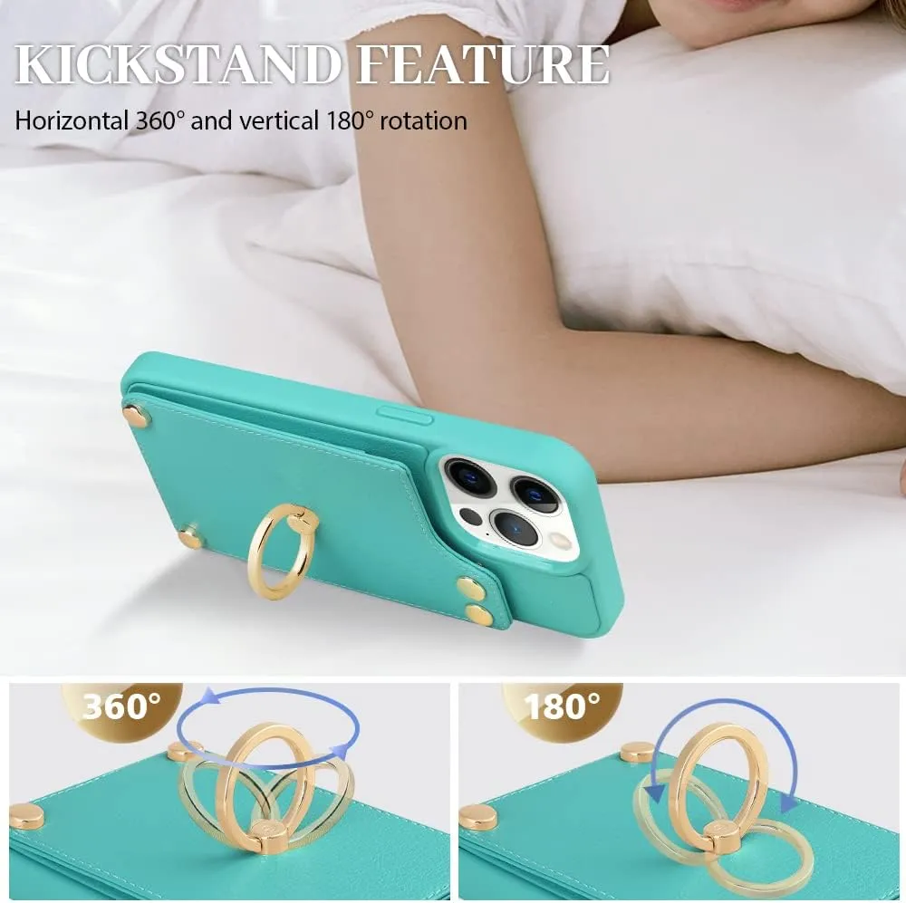 LAMEEKU for iPhone 12 Pro/iPhone 12 Wallet Case 6.1'', Leather Case with Card Holder,360Rotation Ring Stand, RFID Blocking Protective Case for Women Men for Apple iPhone 12 / iPhone 12 Pro Mint Green