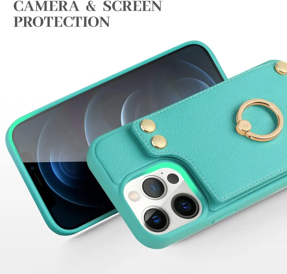 LAMEEKU for iPhone 12 Pro/iPhone 12 Wallet Case 6.1'', Leather Case with Card Holder,360Rotation Ring Stand, RFID Blocking Protective Case for Women Men for Apple iPhone 12 / iPhone 12 Pro Mint Green