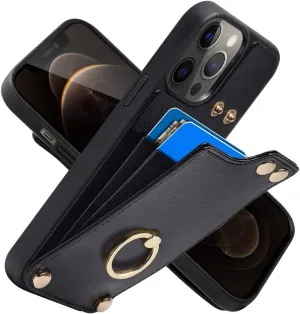 LAMEEKU for iPhone 12 Pro/iPhone 12 Wallet Case, Case with Card Holder, 360Rotation Metal Ring Kickstand, Leather Protective Bumper Cover for Women Men for Apple iPhone 12/ iPhone 12 Pro 6.1'' Black