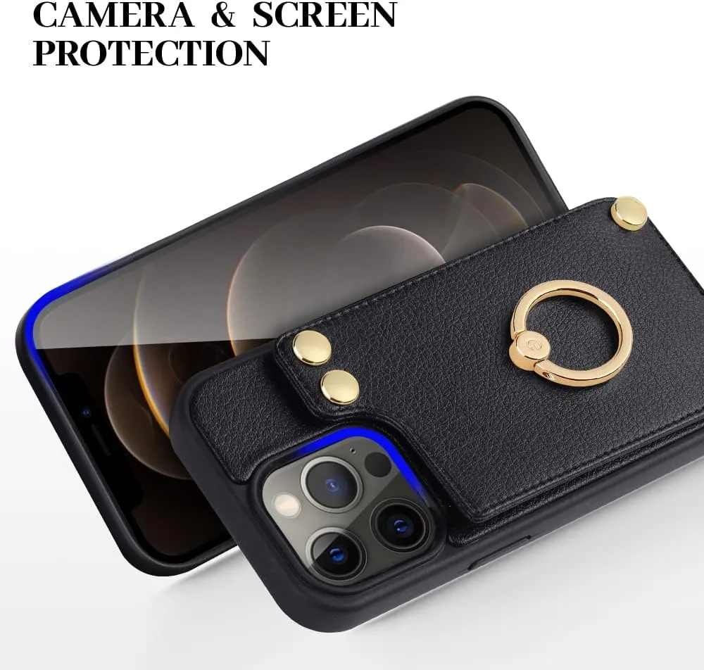 LAMEEKU for iPhone 12 Pro/iPhone 12 Wallet Case, Case with Card Holder, 360Rotation Metal Ring Kickstand, Leather Protective Bumper Cover for Women Men for Apple iPhone 12/ iPhone 12 Pro 6.1'' Black