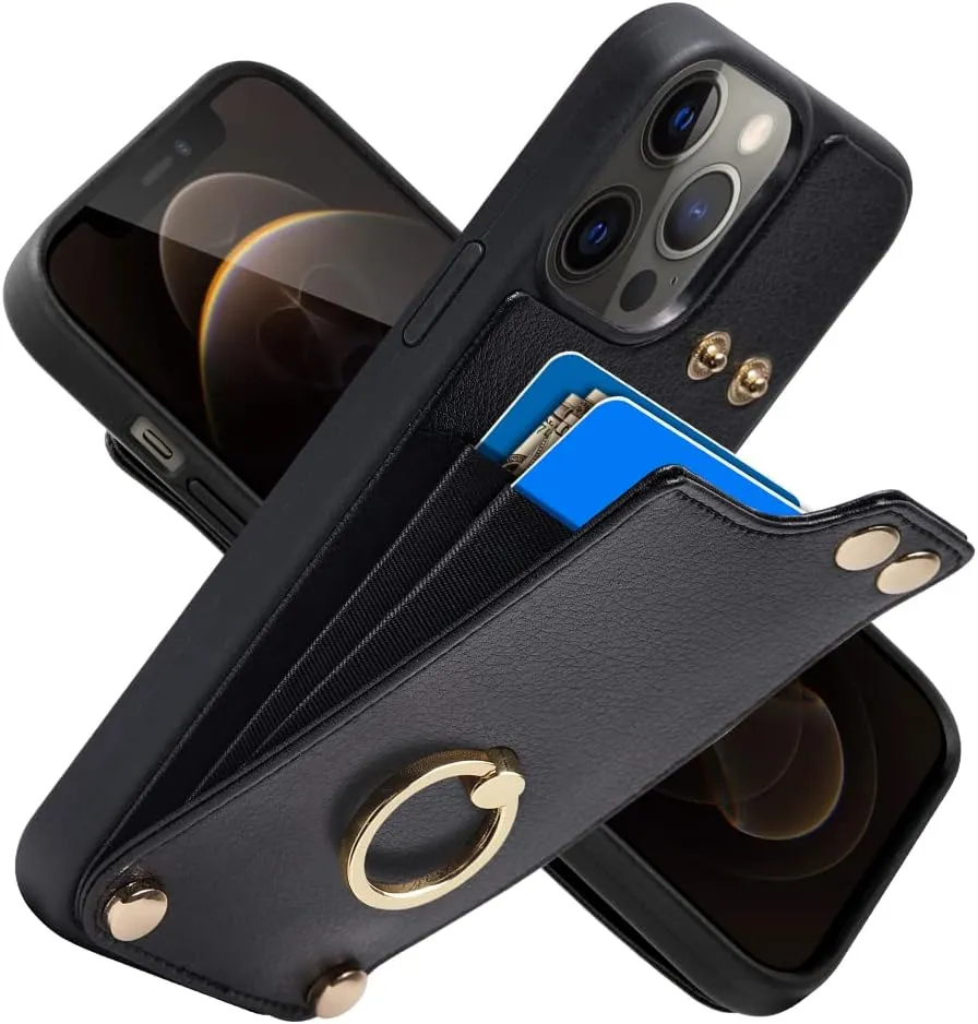 LAMEEKU for iPhone 12 Pro/iPhone 12 Wallet Case, Case with Card Holder, 360Rotation Metal Ring Kickstand, Leather Protective Bumper Cover for Women Men for Apple iPhone 12/ iPhone 12 Pro 6.1'' Black