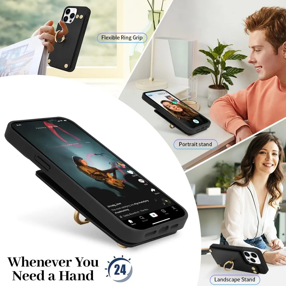 LAMEEKU for iPhone 12 Pro/iPhone 12 Wallet Case, Case with Card Holder, 360Rotation Metal Ring Kickstand, Leather Protective Bumper Cover for Women Men for Apple iPhone 12/ iPhone 12 Pro 6.1'' Black