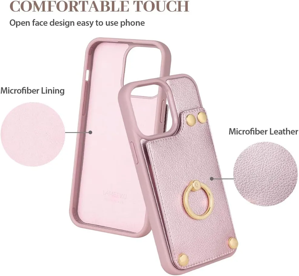 LAMEEKU for iPhone 12 Pro/iPhone 12 Wallet Case, Case with Card Holder Leather Cover 360Rotation Ring Kickstand Protective Bumper Designed for Women for Apple iPhone 12/ iPhone 12 Pro 6.1'' Rose Gold