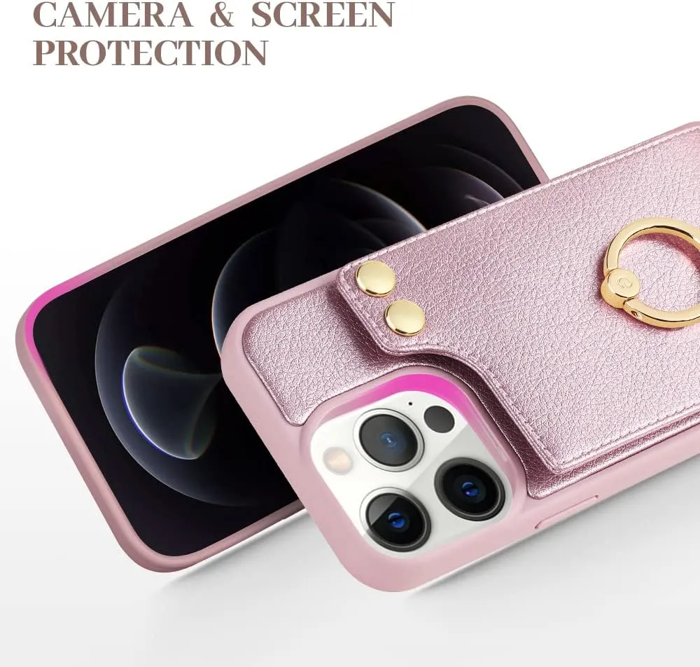 LAMEEKU for iPhone 12 Pro/iPhone 12 Wallet Case, Case with Card Holder Leather Cover 360Rotation Ring Kickstand Protective Bumper Designed for Women for Apple iPhone 12/ iPhone 12 Pro 6.1'' Rose Gold