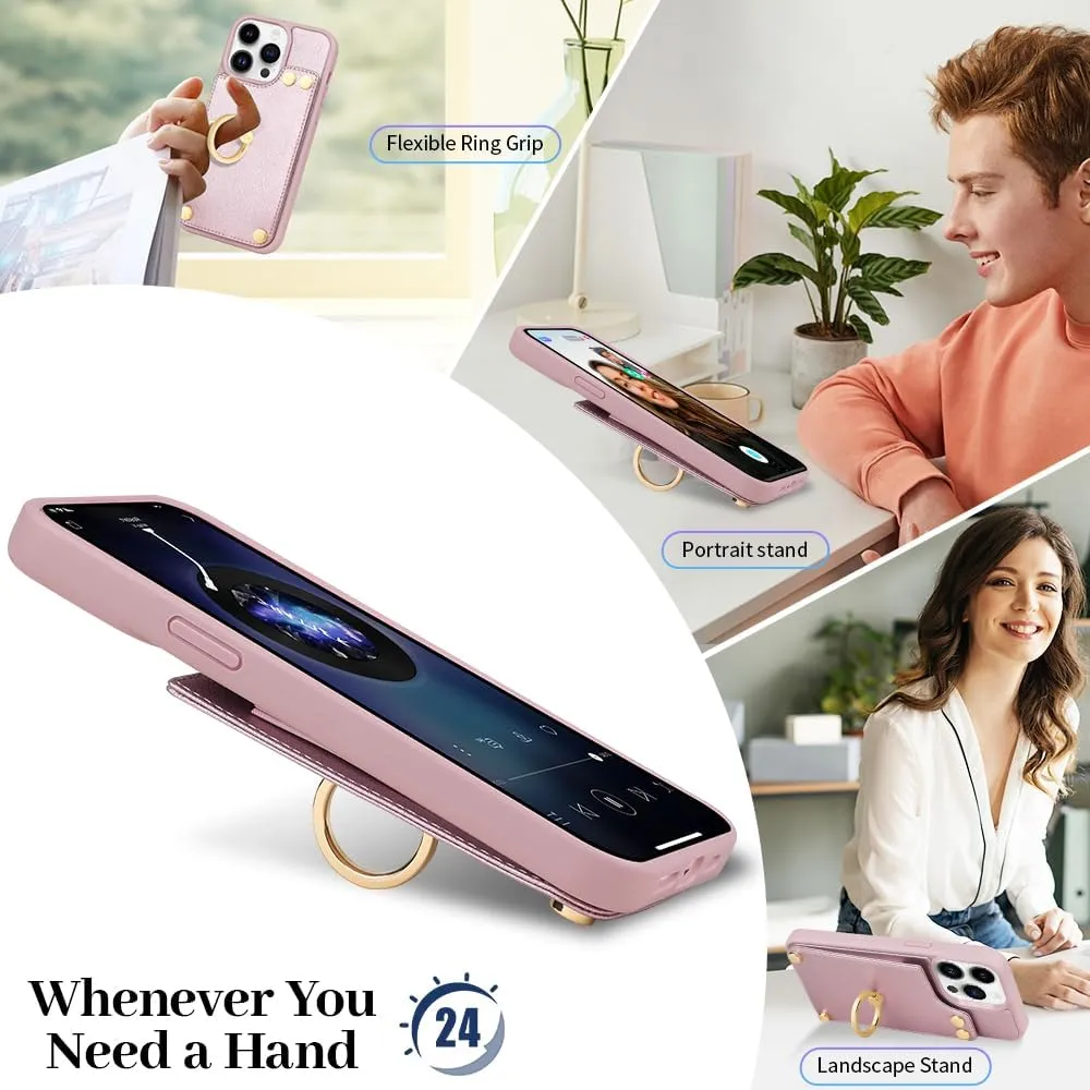 LAMEEKU for iPhone 12 Pro/iPhone 12 Wallet Case, Case with Card Holder Leather Cover 360Rotation Ring Kickstand Protective Bumper Designed for Women for Apple iPhone 12/ iPhone 12 Pro 6.1'' Rose Gold