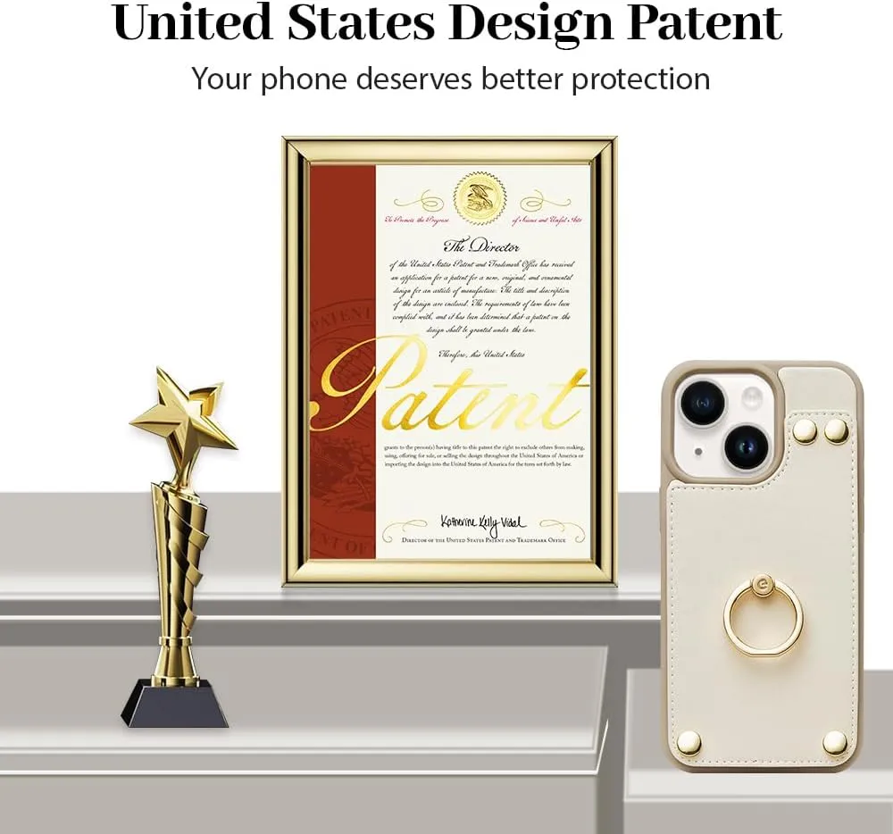 LAMEEKU Wallet Case Compatible with iPhone 13, Case with Card Holder, RFID Blocking Leather Cover 360Rotation Ring Kickstand Protective Bumper Designed for Apple iPhone 13 6.1'' (2021) Beige