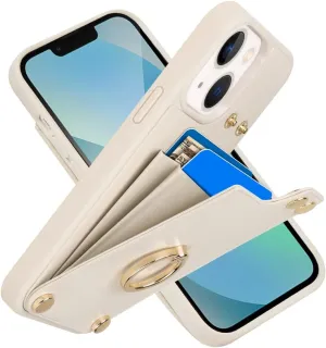 LAMEEKU Wallet Case Compatible with iPhone 13, Case with Card Holder, RFID Blocking Leather Cover 360Rotation Ring Kickstand Protective Bumper Designed for Apple iPhone 13 6.1'' (2021) Beige
