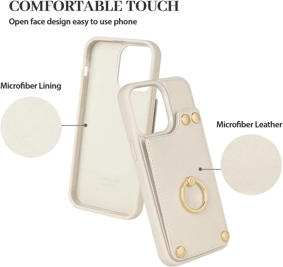 LAMEEKU Wallet Case Compatible with iPhone 13, Case with Card Holder, RFID Blocking Leather Cover 360Rotation Ring Kickstand Protective Bumper Designed for Apple iPhone 13 6.1'' (2021) Beige