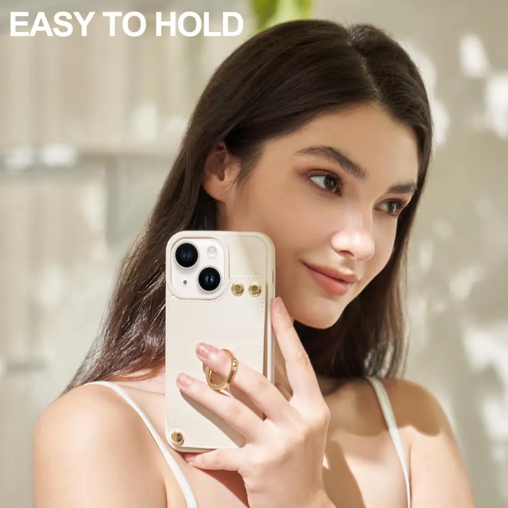 LAMEEKU Wallet Case Compatible with iPhone 13, Case with Card Holder, RFID Blocking Leather Cover 360Rotation Ring Kickstand Protective Bumper Designed for Apple iPhone 13 6.1'' (2021) Beige