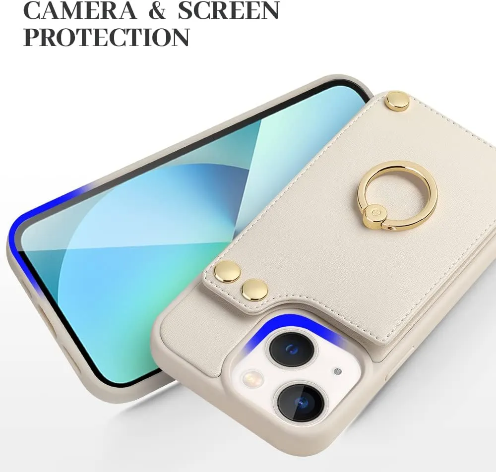 LAMEEKU Wallet Case Compatible with iPhone 13, Case with Card Holder, RFID Blocking Leather Cover 360Rotation Ring Kickstand Protective Bumper Designed for Apple iPhone 13 6.1'' (2021) Beige