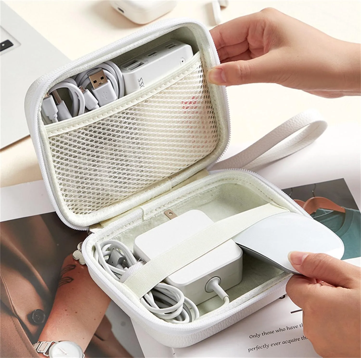 Laptop Power Storage Box for Travel, Shockproof Hard Shell Carrying Case, EVA Laptop Charger Storage Bag for Charging Line (White,M)