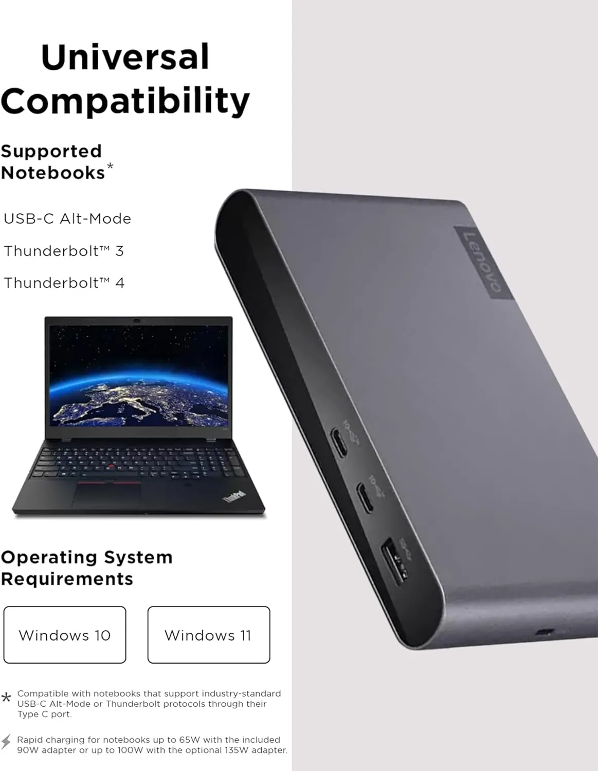 Lenovo Docking Station USB-C Universal Business Dock  Dual Display (1 DP 1.4 & 1 HDMI 2.0)  65W Charging for Laptop (90W Power Adapter Included)  3X USB-A & 2X USB-C Ports  Windows Compatible