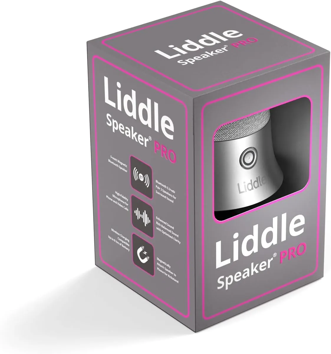 Liddle Speaker Pro - Magnetic PortableBluetooth Speaker with Microphone for iPhone 12/13/14/15/16-5W Wireless Audio, 8-Hour Battery, Water-Resistant - Magnetic Attach to Anywhere (Silver)