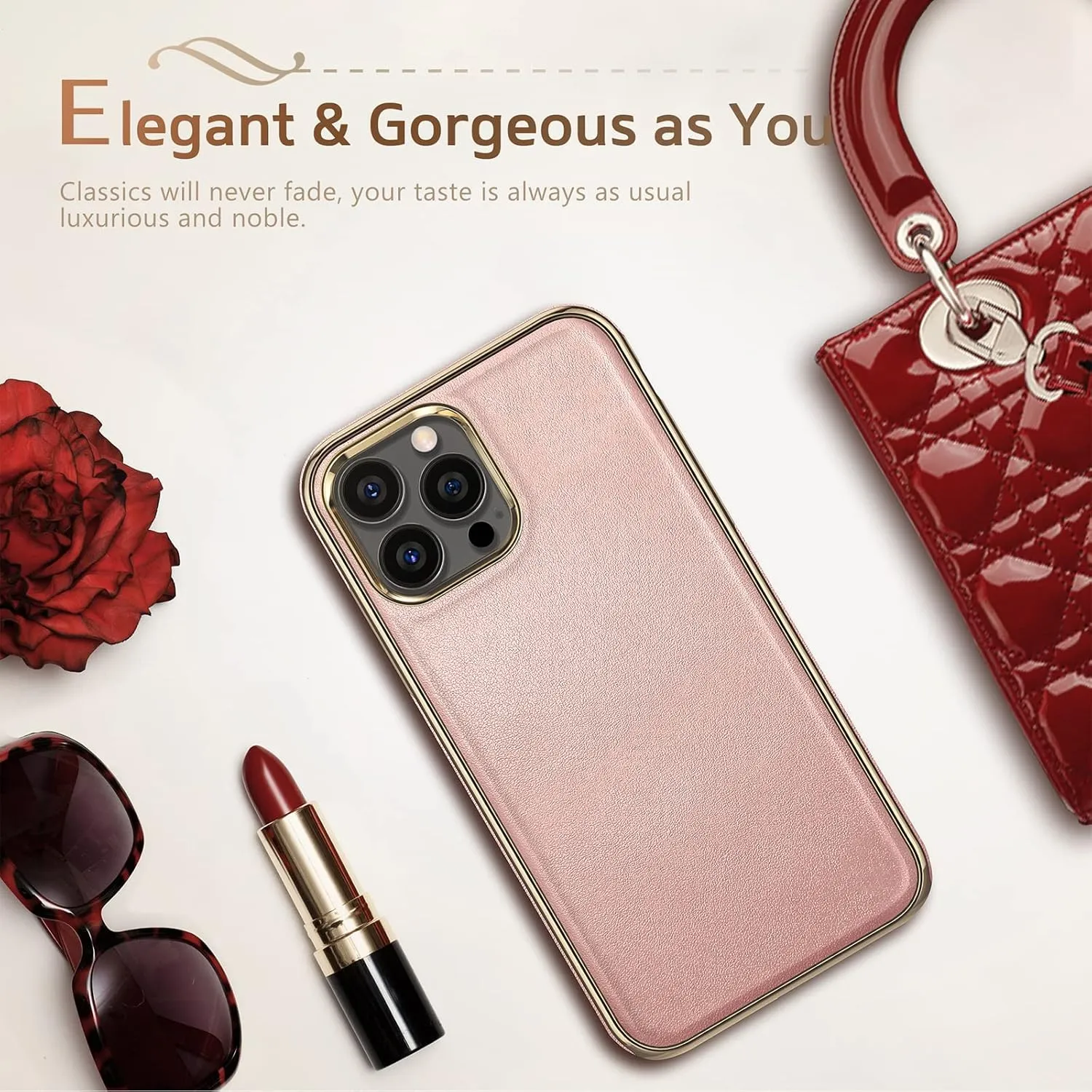 LOHASIC for iPhone 14 Pro Max Case, Magnetic Leather Compatible with Mag-Safe Cute Vintage Classic Lovely Designed Women Girls Cases for iPhone 14 Pro Max 6.7 inch - Rose Gold