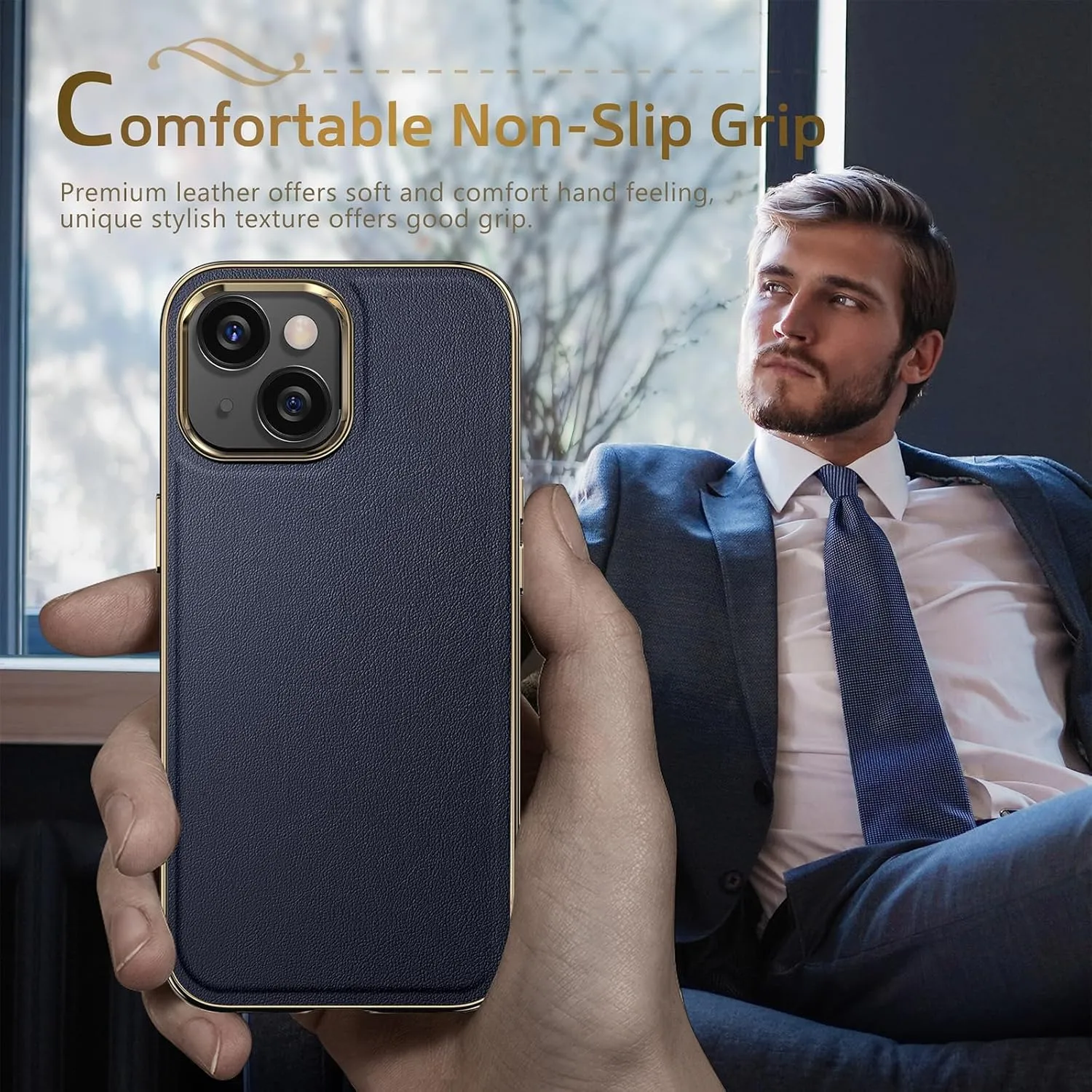 LOHASIC Magnetic Designed for iPhone 14 Plus Case, Premium Leather Upgraded [Compatible with Mag-Safe] Non Slip Soft Grip Anti-Scratch Men Cases for iPhone 14 Plus 6.7 inch - Navy Blue