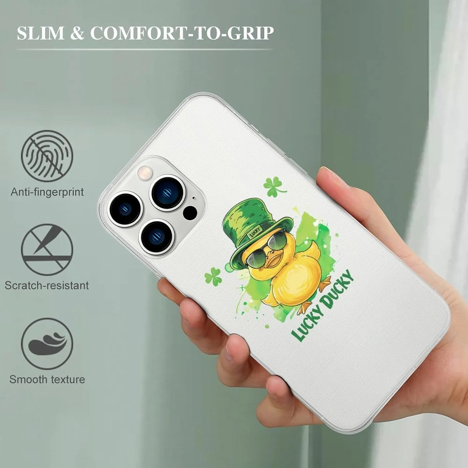 Lucky Ducky with Glasses Four Leaf Clover Phone Case Slim Shockproof Protective Cover Phone Cover Compatible with iPhone 13 iPhone 13 Pro
