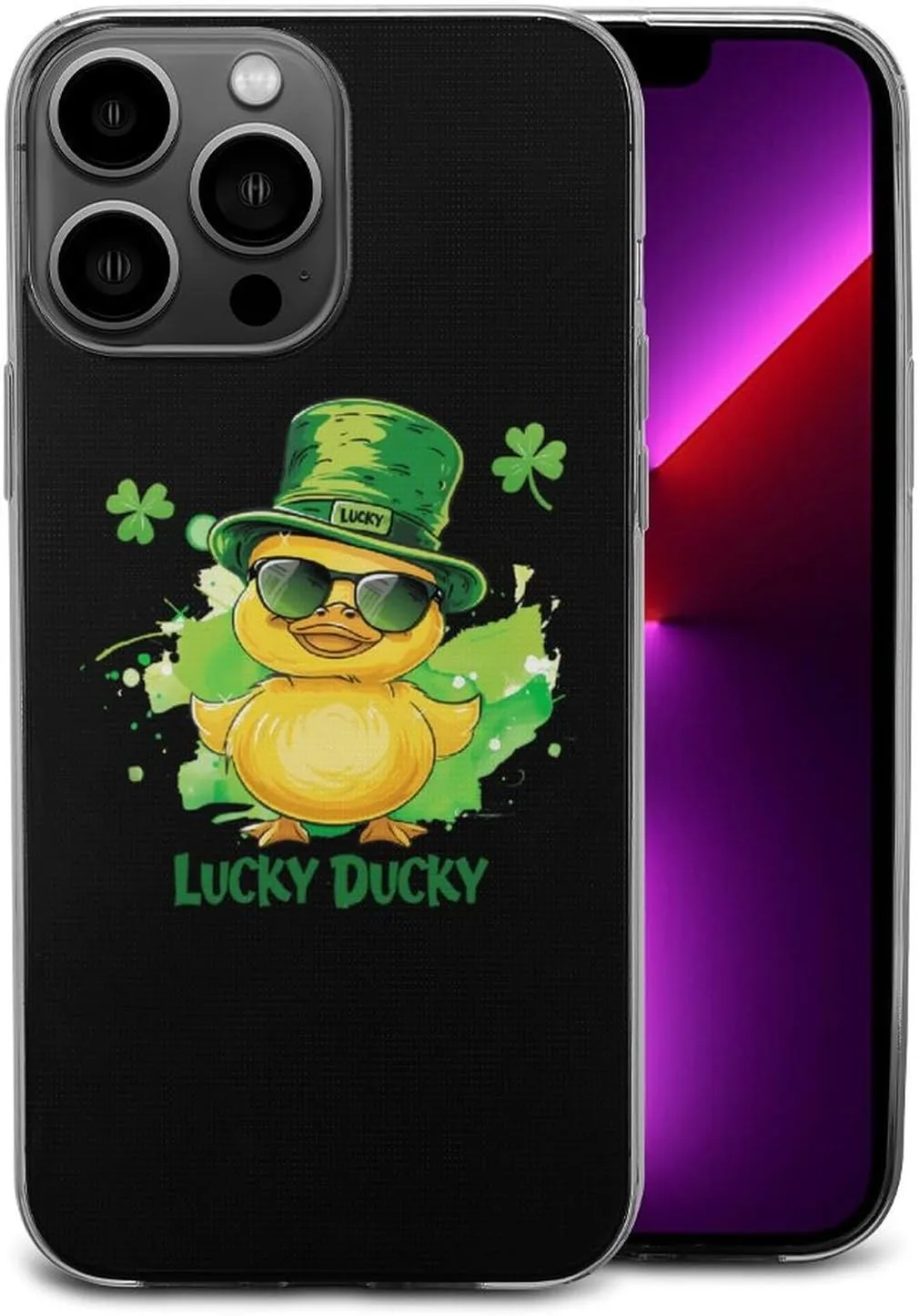Lucky Ducky with Glasses Four Leaf Clover Phone Case Slim Shockproof Protective Cover Phone Cover Compatible with iPhone 13 iPhone 13 Pro