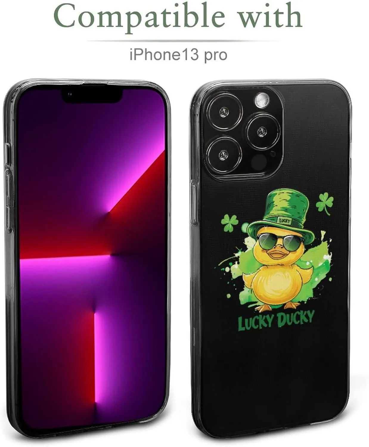 Lucky Ducky with Glasses Four Leaf Clover Phone Case Slim Shockproof Protective Cover Phone Cover Compatible with iPhone 13 iPhone 13 Pro