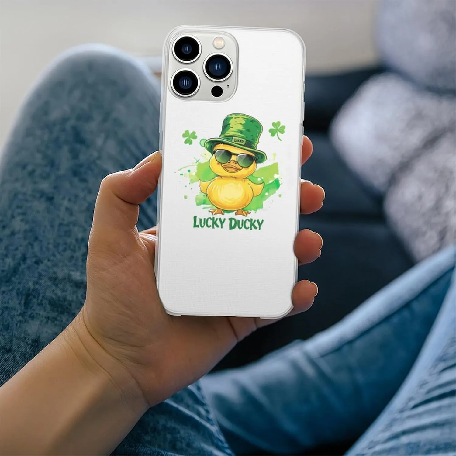 Lucky Ducky with Glasses Four Leaf Clover Phone Case Slim Shockproof Protective Cover Phone Cover Compatible with iPhone 13 iPhone 13 Pro