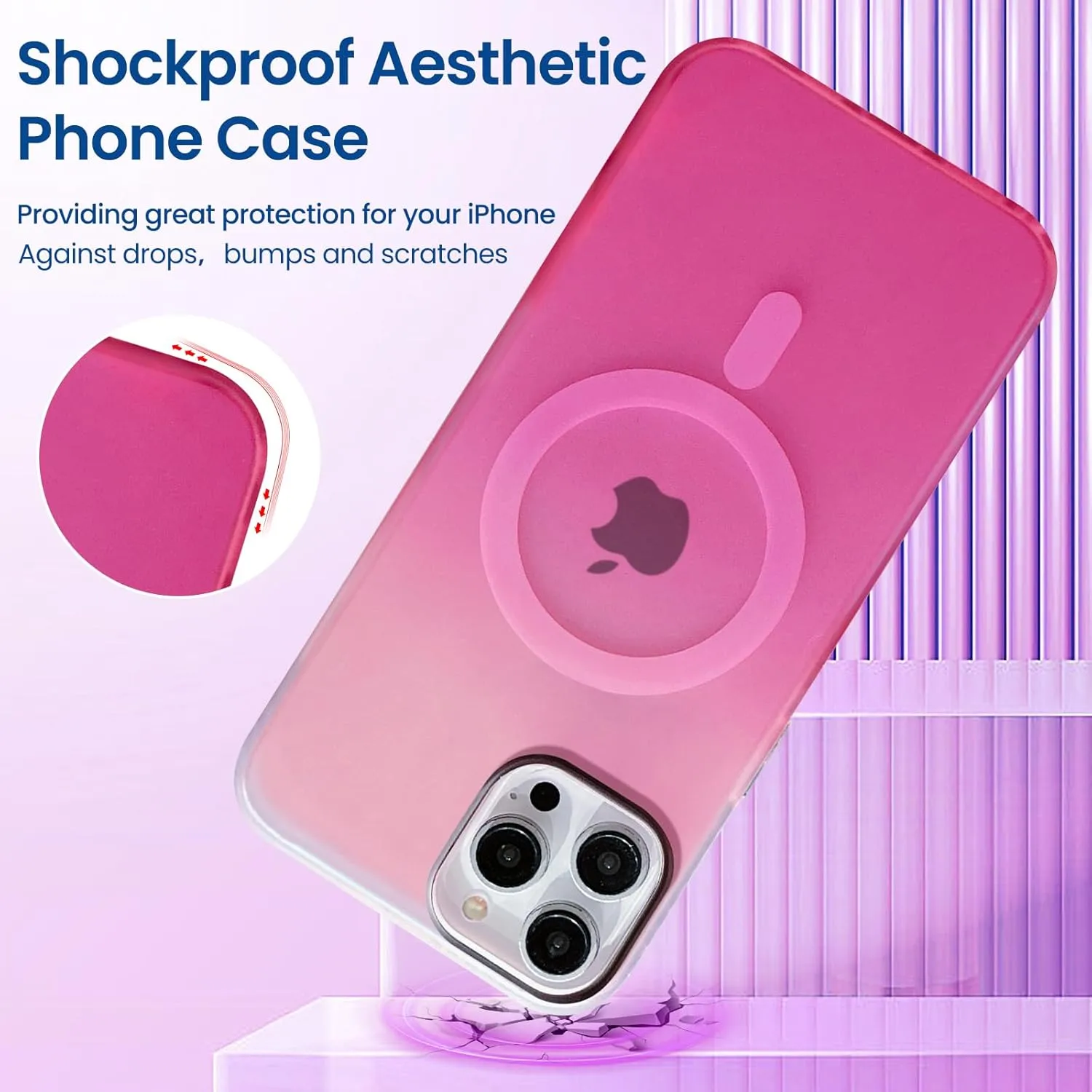 Magnetic Case for iPhone 12/12 Pro,Compatible with Magsafe,Gradient Iridescent Holographic Shockproof Translucent Matte Phone Case Protective TPU Bumper Cover for Women Girls (Pink & Hot Pink)