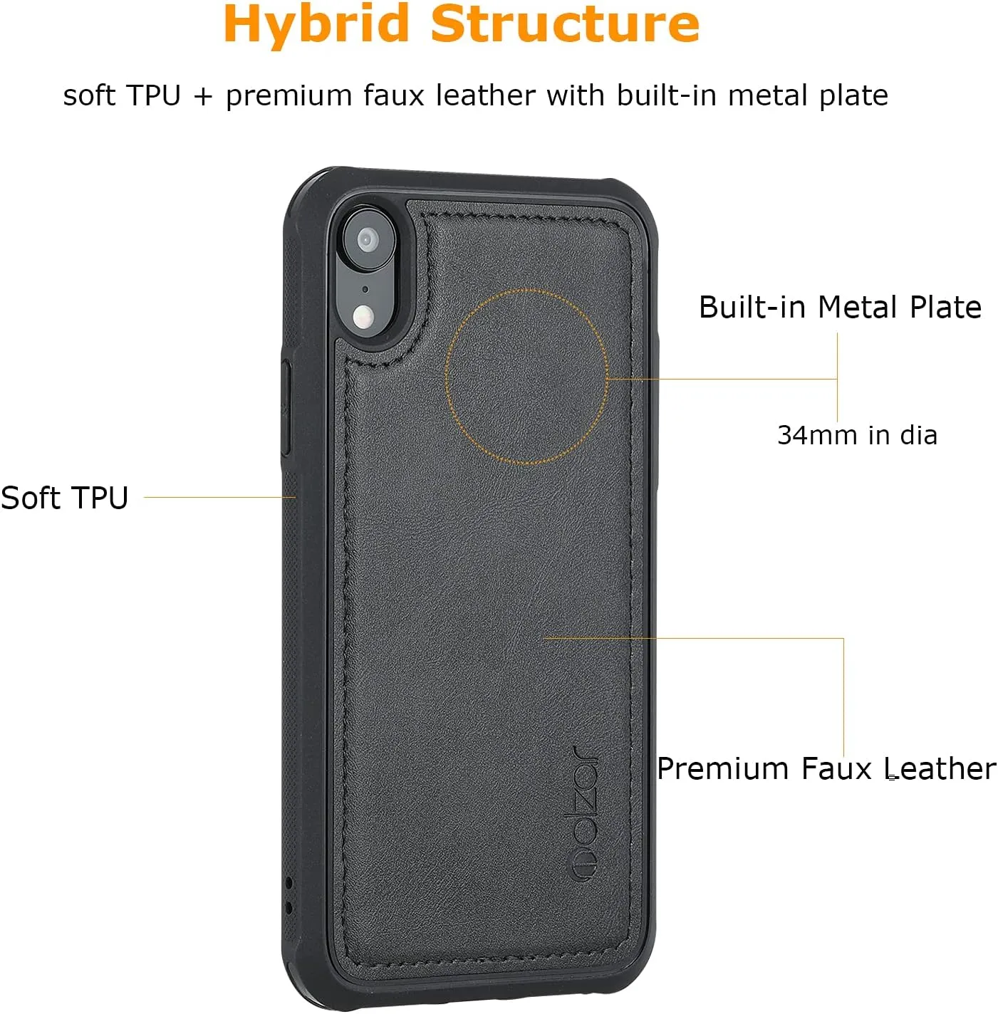 molzar MAG Series for iPhone XR Case, Built-in Metal Plate for Magnetic Mount, Works with Qi-Certified Chargers, Compatible with iPhone XR, Black