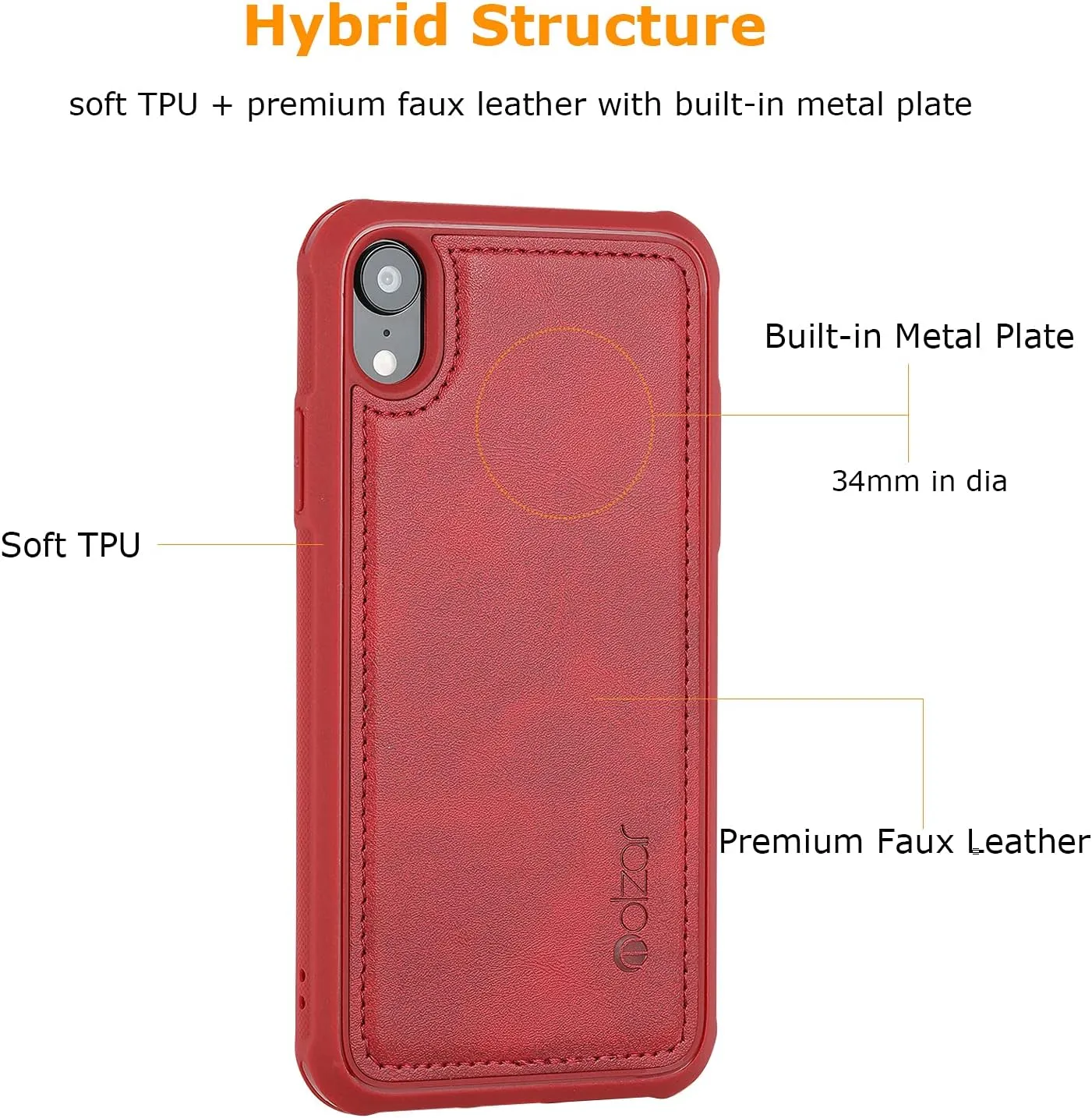 molzar MAG Series for iPhone XR Case, Built-in Metal Plate for Magnetic Mount, Works with Qi-Certified Chargers, Compatible with iPhone XR, Red