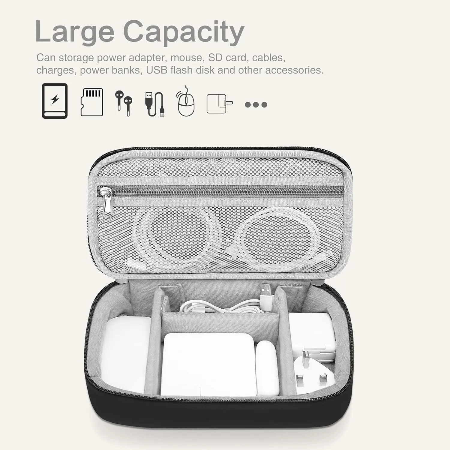 MOSISO Electronic Organizer Travel Case, Puffy Electronic Accessories Carry Case for Cable, Charger, Phone, Earphone, Mouse and Other Accessories, Portable Storage Bag with Handle, Black