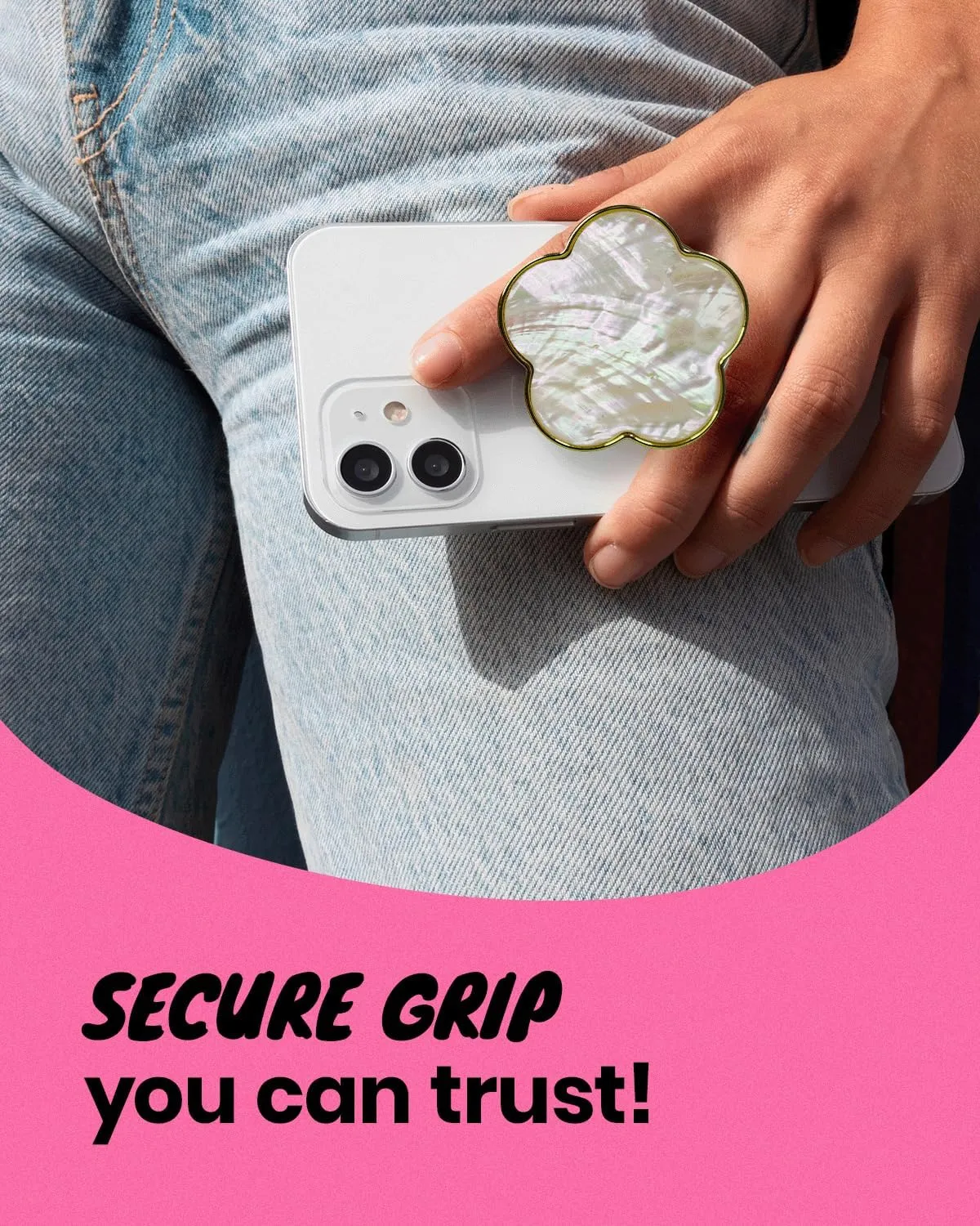 Mother of Pearl Daisy Floral Phone Grip & Stand - Elegant Adhesive & Magsafe Compatible Phone Holder for Secure Grip and Hands-Free Viewing (Crme, Adhesive)