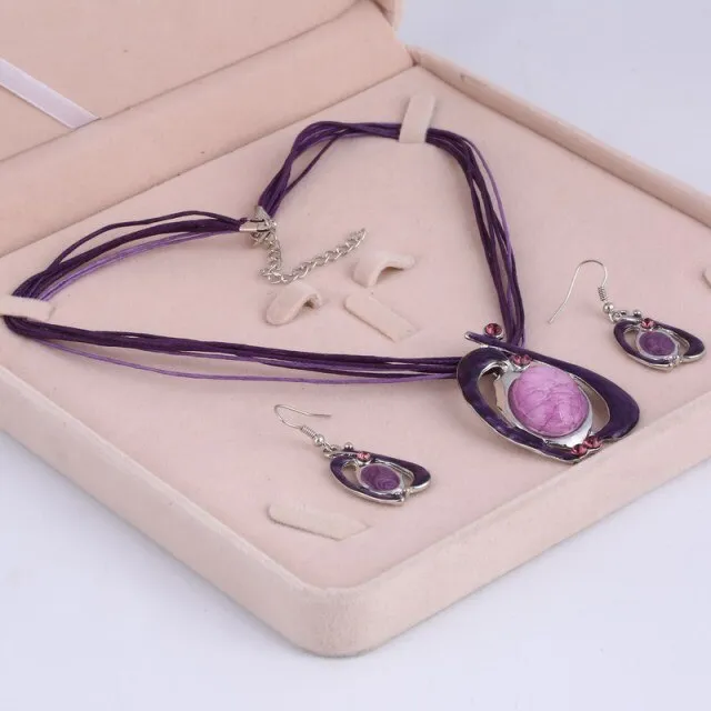 Multilayers Leather Pendant Necklaces Earrings Wedding Sets