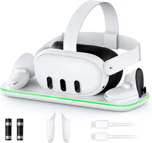 NexiGo Charging Dock (Gen 3) for Meta Quest 3, VR Charging Station with LED Light [On/Off] for Oculus Quest 3, Charger Display Stand with 2 Rechargeable Batteries, USB-C Cable, White