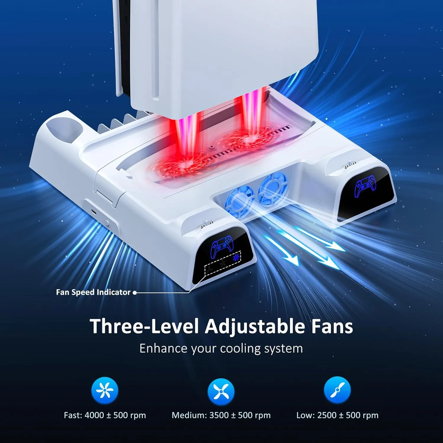 NexiGo PS5 / PS5 Slim Stand, Silent Cooling, Dual Controllers Charger for Playstation 5 Console, 3 Level Adjustable Fan Speed, PS5 / PS5 Slim Accessories, Headset and Remote Holder, White