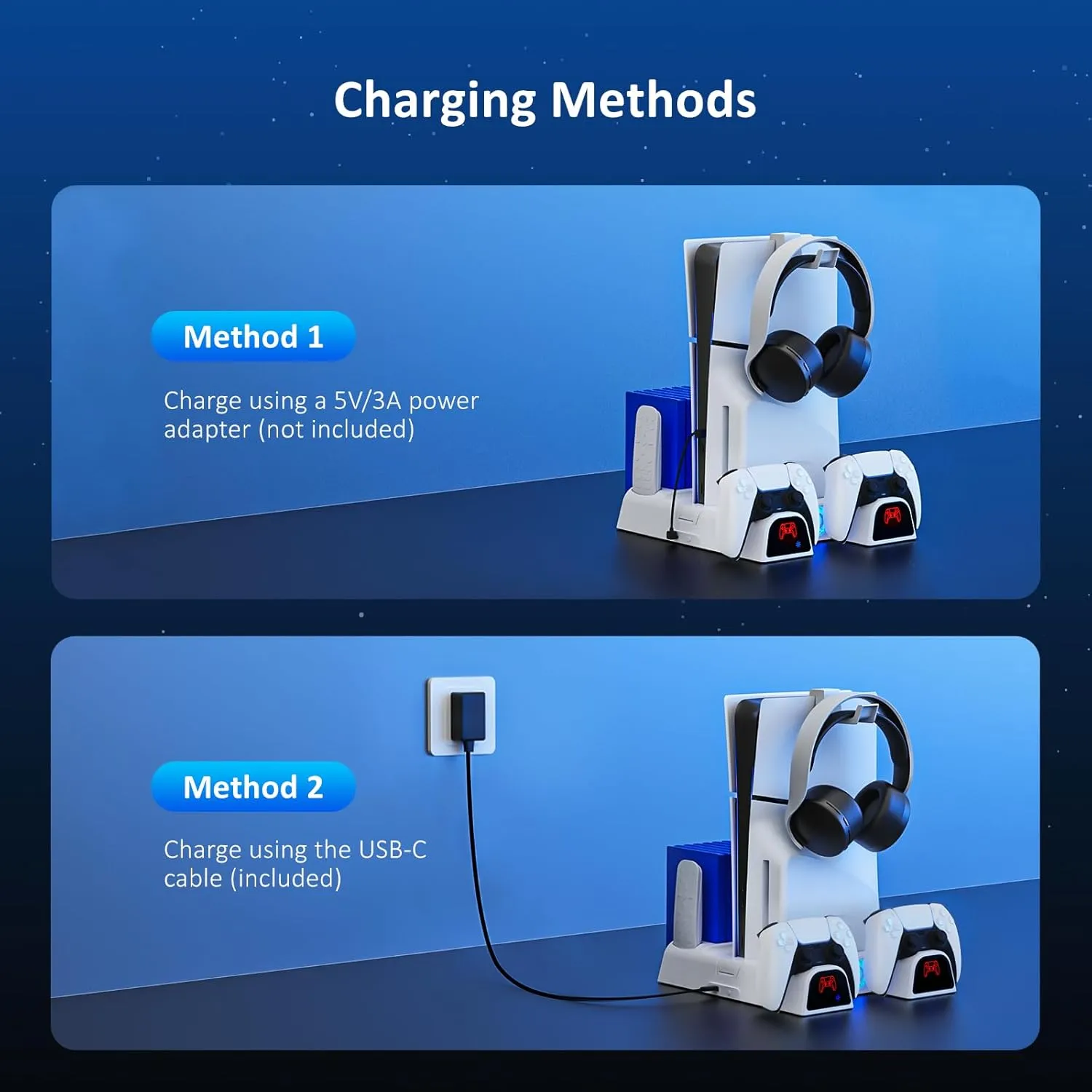 NexiGo PS5 / PS5 Slim Stand, Silent Cooling, Dual Controllers Charger for Playstation 5 Console, 3 Level Adjustable Fan Speed, PS5 / PS5 Slim Accessories, Headset and Remote Holder, White