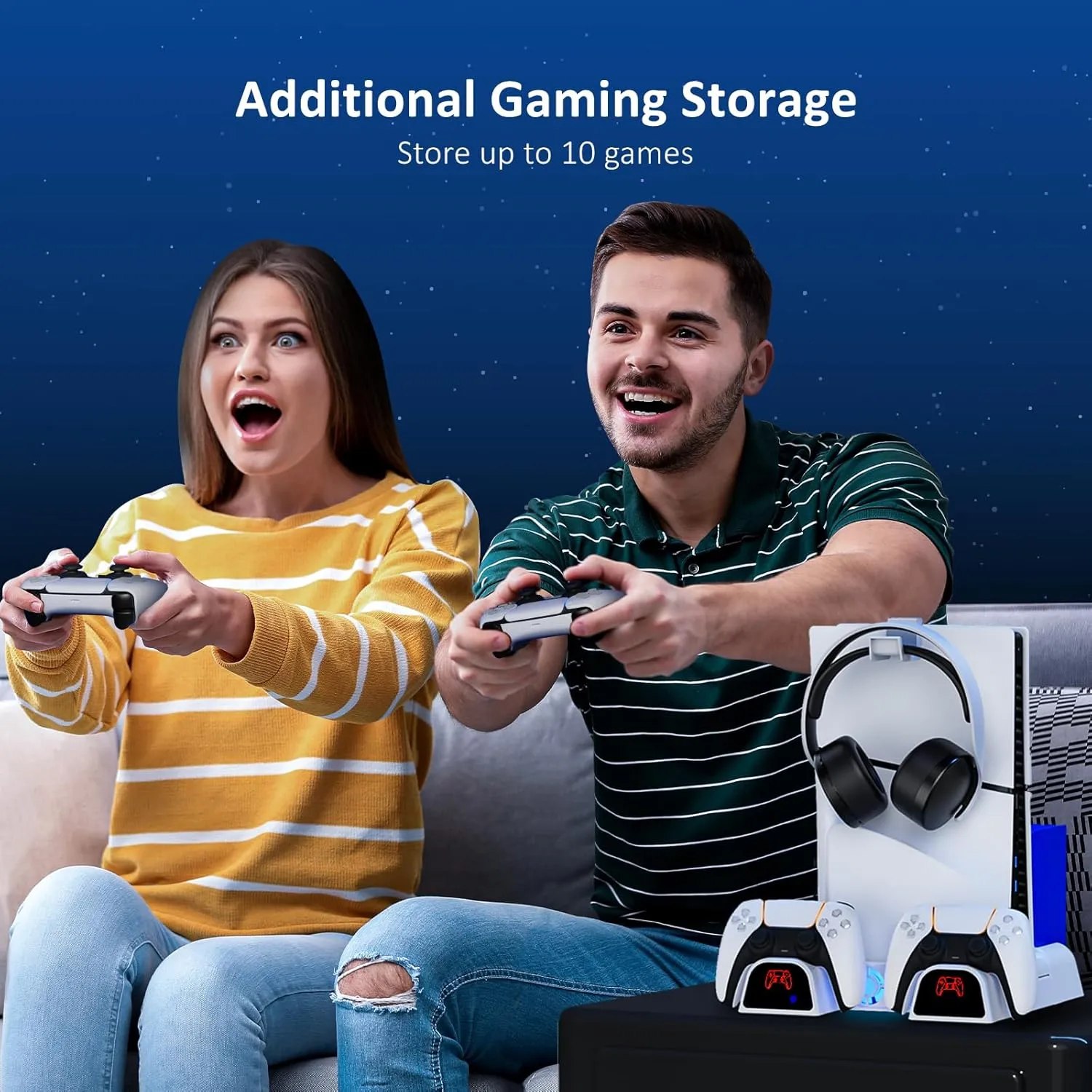 NexiGo PS5 / PS5 Slim Stand, Silent Cooling, Dual Controllers Charger for Playstation 5 Console, 3 Level Adjustable Fan Speed, PS5 / PS5 Slim Accessories, Headset and Remote Holder, White