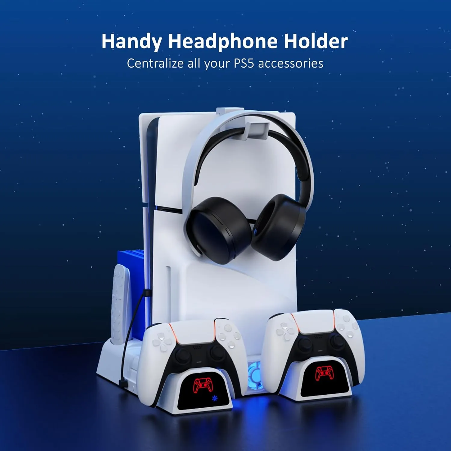 NexiGo PS5 / PS5 Slim Stand, Silent Cooling, Dual Controllers Charger for Playstation 5 Console, 3 Level Adjustable Fan Speed, PS5 / PS5 Slim Accessories, Headset and Remote Holder, White