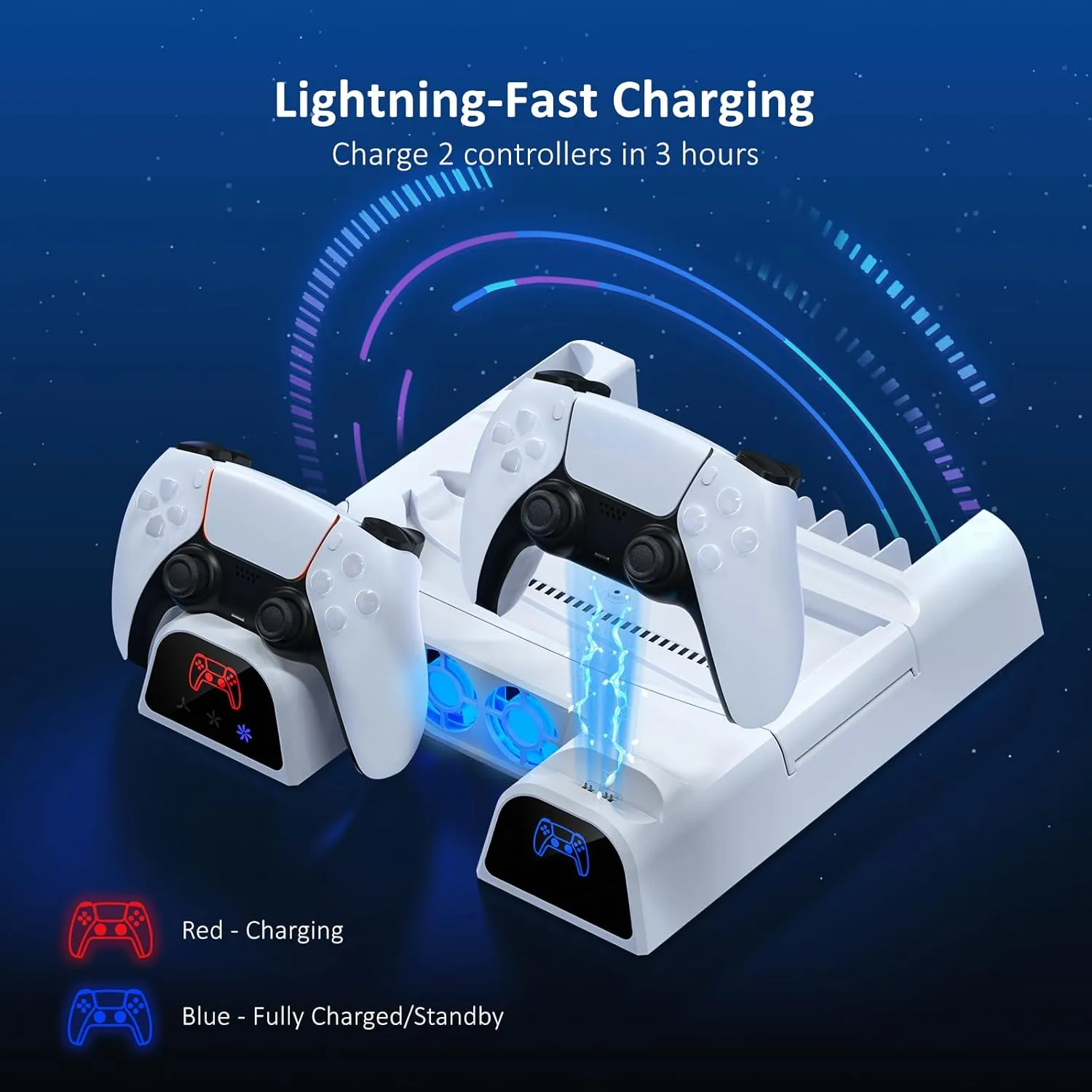 NexiGo PS5 / PS5 Slim Stand, Silent Cooling, Dual Controllers Charger for Playstation 5 Console, 3 Level Adjustable Fan Speed, PS5 / PS5 Slim Accessories, Headset and Remote Holder, White