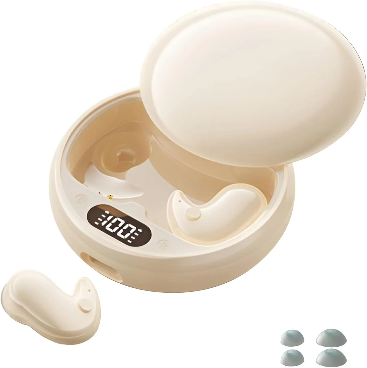 Noise Cancelling Sleep Earbuds - Wireless, Comfortable for Side Sleepers, Mini Design with Digital Display, Perfect for Deep Sleep for Sleeping, Working, Hiking (Beige)