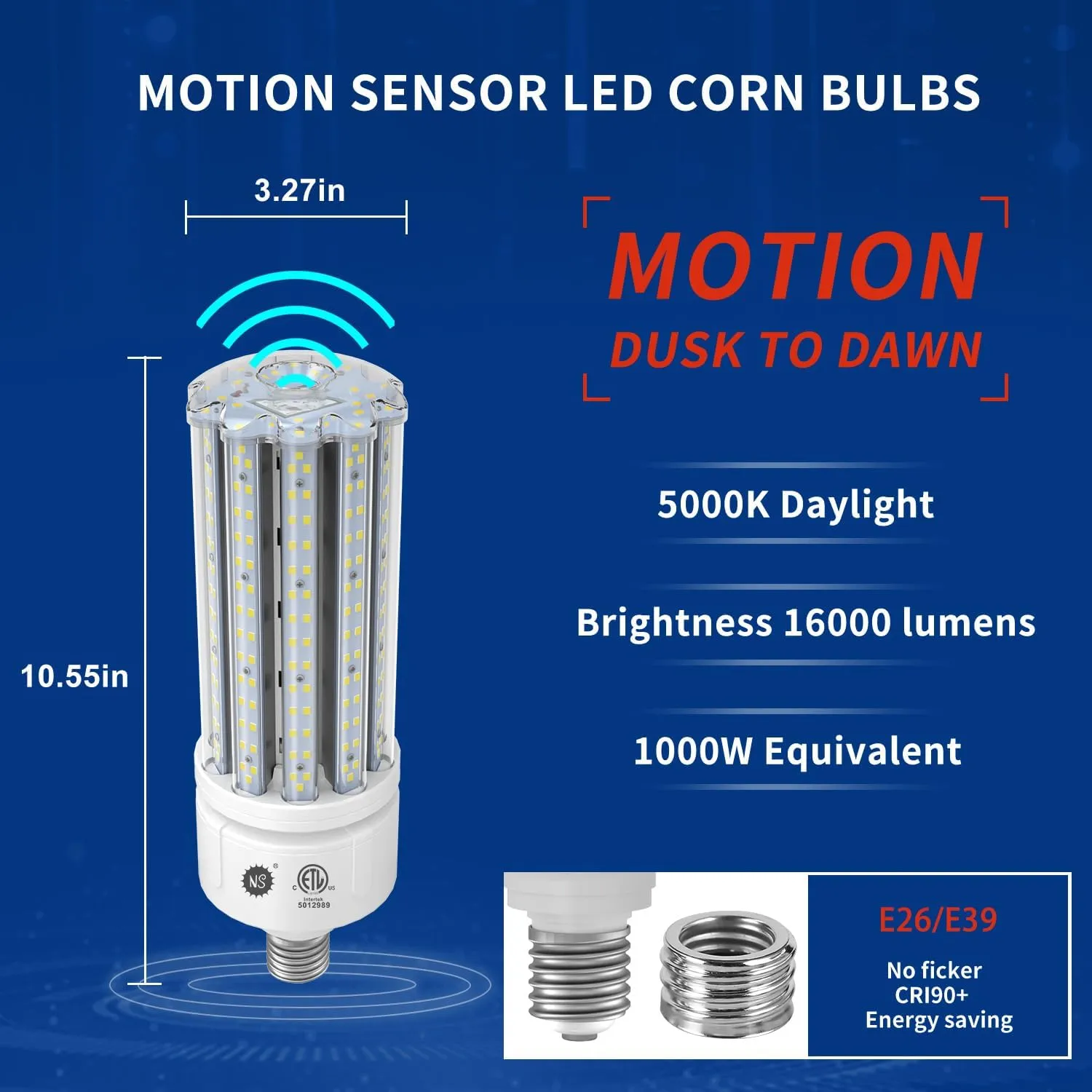 NS 100W Smart LED Bulb with Motion & Dusk-to-Dawn Sensor (16,000LM 5000K | CRI 90 | Flicker-Free) - E26/E39 Base - A19 Shape Aluminum Cooling Core - ETL Certified for Outdoor Security