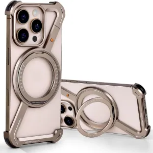 Omio for iPhone 16 Pro Bumper Case Compatible with MagSafe, Minimalist Phone Case with Magnetic Kickstand Slim Aluminum Metal Frameless Design Z Case Shockproof Stand Case for Men, Desert Titanium