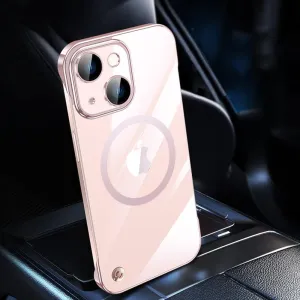Omio Magnetic Slim Clear Case for iPhone 13 Compatible with MagSafe, Clear Plating Ultra-Thin Bumper Frameless Borderless Design with Full Camera Lens Protector for Women Men, Pink