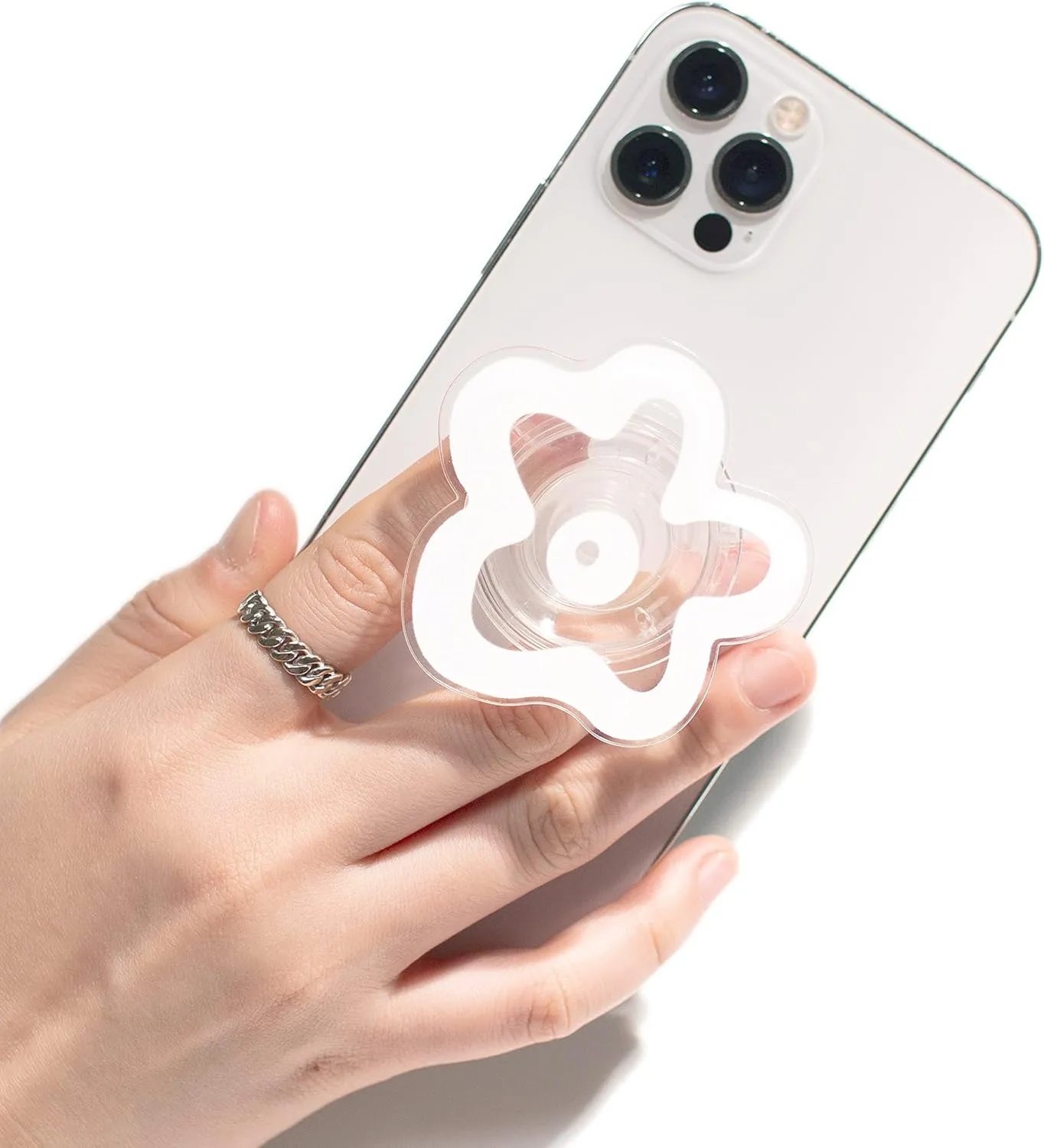 OnTheGrip Cute Transparent Daisy Flower Shape Design Mobile Phone Grip Multi Functional Collapsible Stand Holder for Smartphone Tablet Cell Phone Accessory (White)