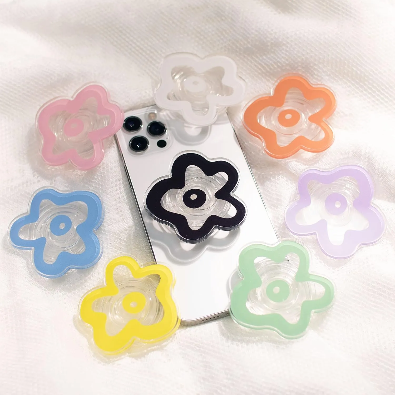 OnTheGrip Cute Transparent Daisy Flower Shape Design Mobile Phone Grip Multi Functional Collapsible Stand Holder for Smartphone Tablet Cell Phone Accessory (White)