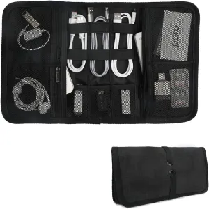 Patu Roll Up Electronics Accessories Travel Gear Organizer Case, Black - Portable Universal External Batteries Hard Drives Cable Management Healthcare Cosmetics Kit Bag