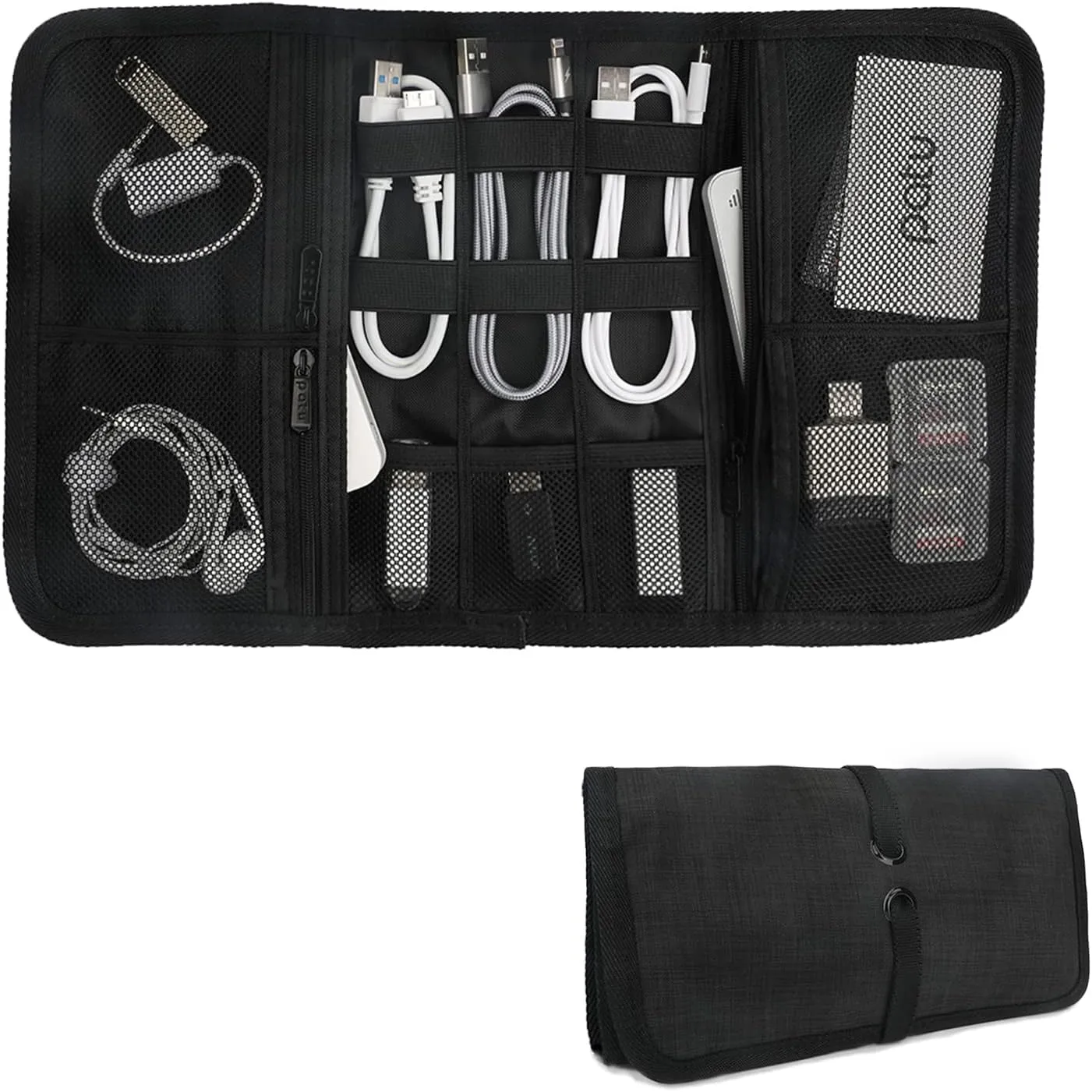 Patu Roll Up Electronics Accessories Travel Gear Organizer Case, Black - Portable Universal External Batteries Hard Drives Cable Management Healthcare Cosmetics Kit Bag