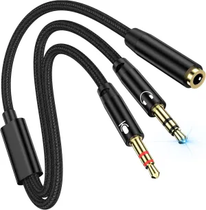 PC Headset Splitter Cable 3.5mm Mic AUX Audio Computer Headphone Microphone Splitter Compatible with Astro A10 A40, Turtle Beach, HyperX Cloud SteelSeries, Sennheiser, Razer Gaming Smartphone Headsets