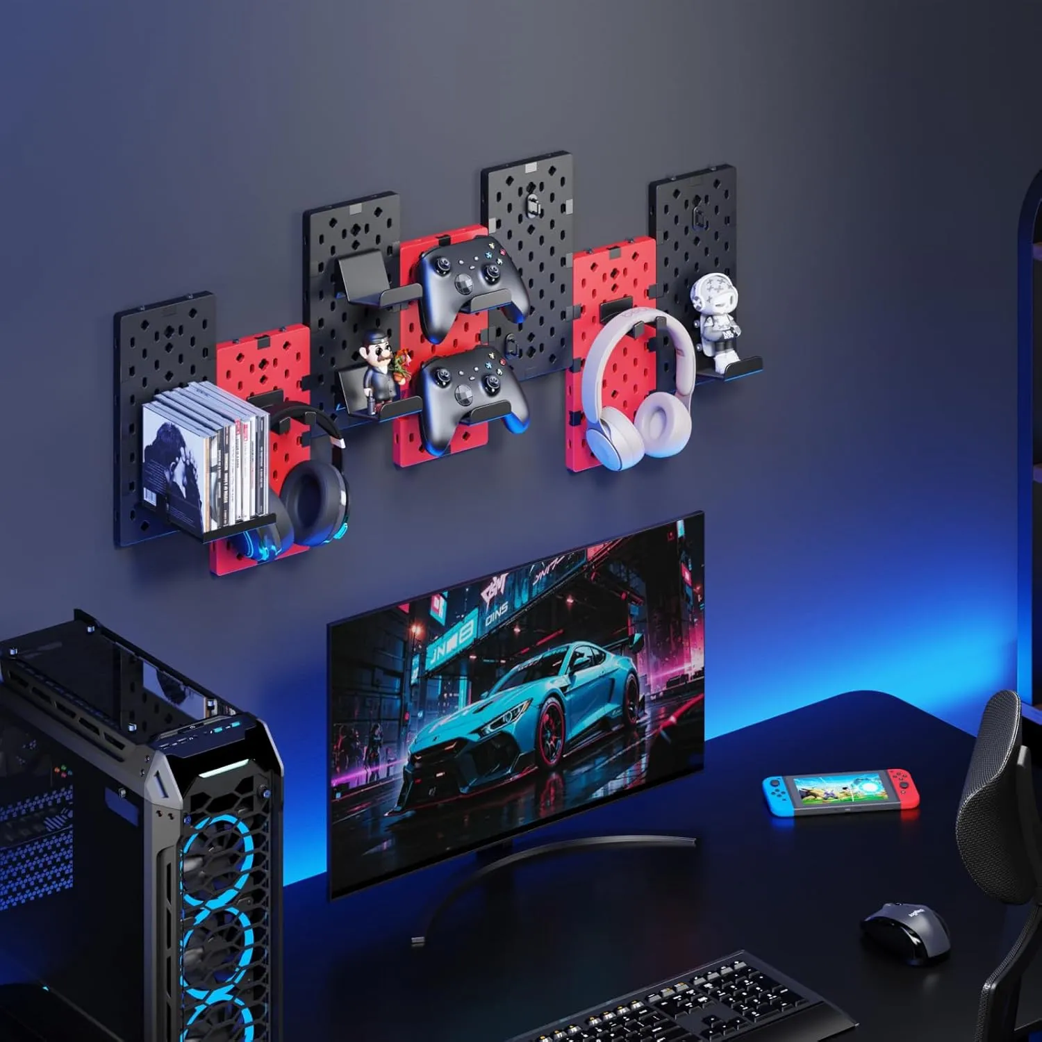 PEGZONE Controller and Headphone Holder Wall Mount, Modular Gaming Pegboard with Accessories, Controller Stand for Xbox PS5 PS4 Switch, Video Game Storage, Disc Shelf, 7pcs Pegboard, Black & Red