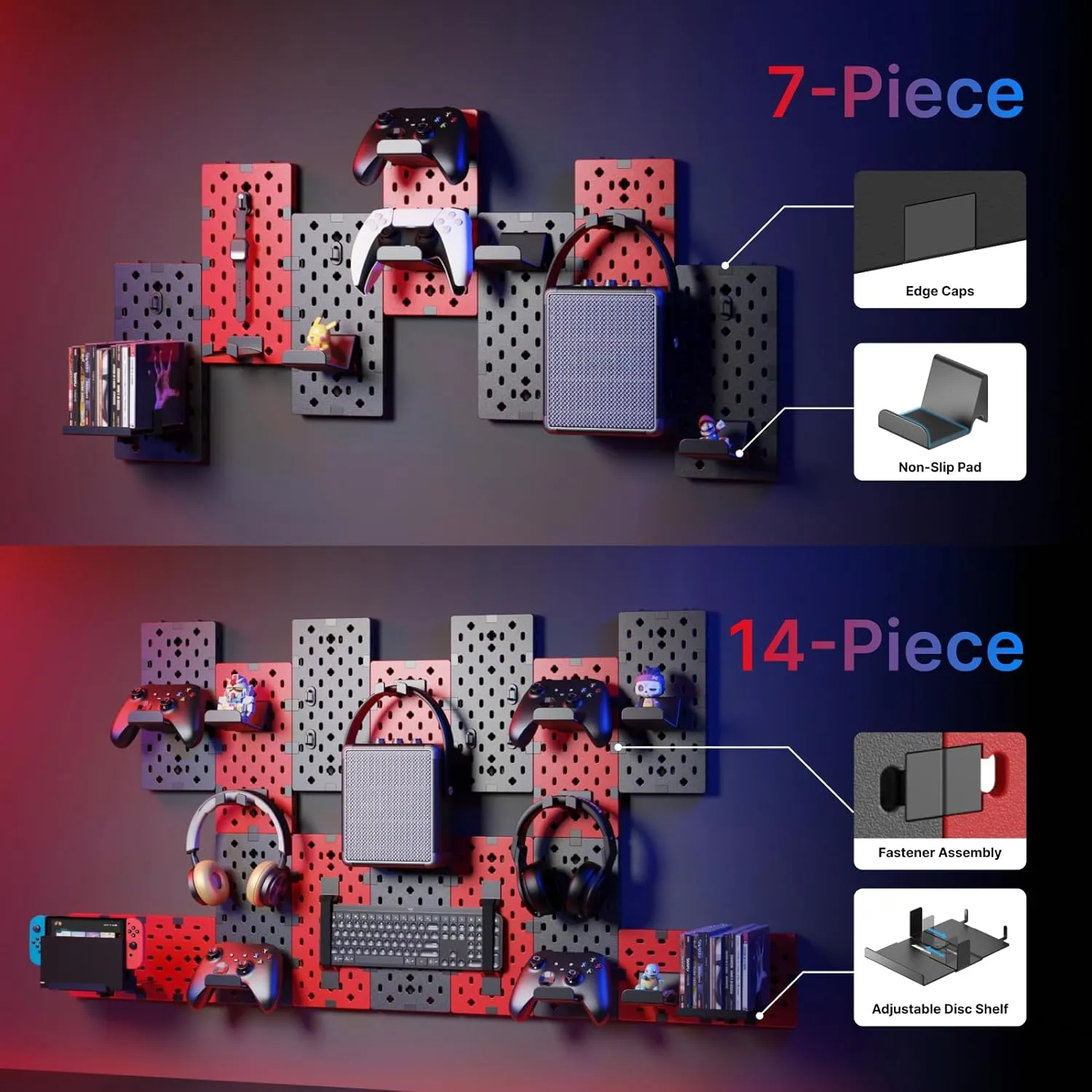 PEGZONE Controller and Headphone Holder Wall Mount, Modular Gaming Pegboard with Accessories, Controller Stand for Xbox PS5 PS4 Switch, Video Game Storage, Disc Shelf, 7pcs Pegboard, Black & Red