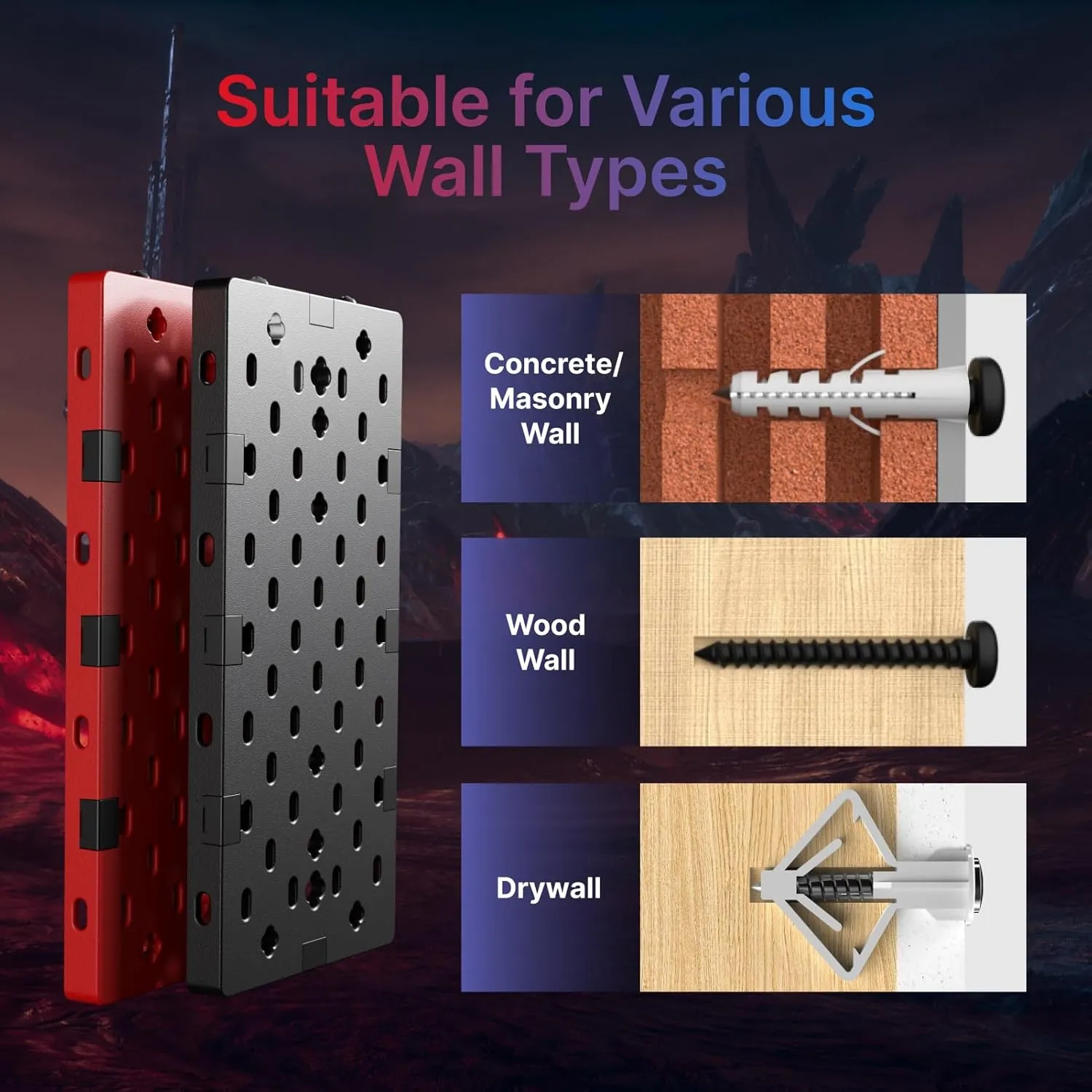 PEGZONE Controller and Headphone Holder Wall Mount, Modular Gaming Pegboard with Accessories, Controller Stand for Xbox PS5 PS4 Switch, Video Game Storage, Disc Shelf, 7pcs Pegboard, Black & Red