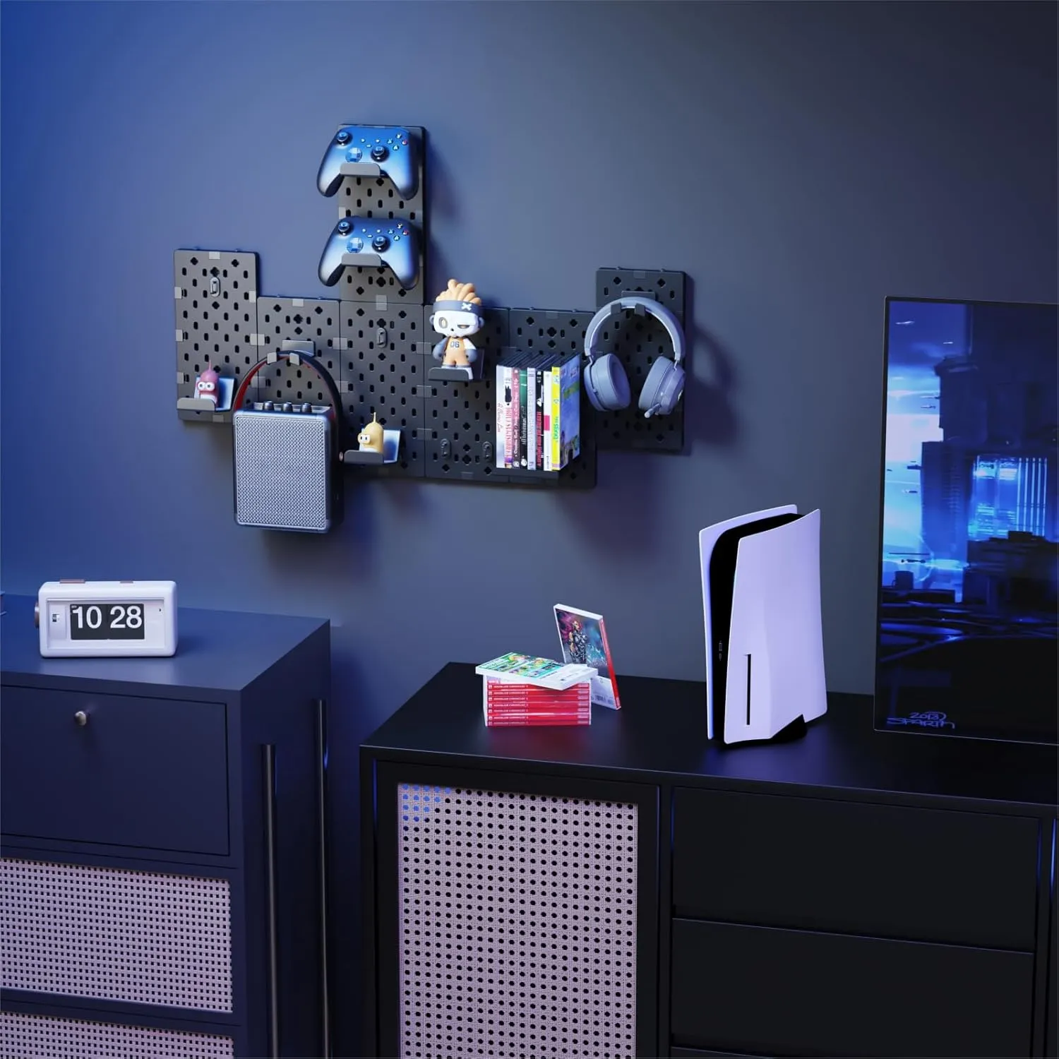 PEGZONE Controller and Headphone Holder Wall Mount, Modular Gaming Pegboard with Accessories, Controller Stand for Xbox PS5 PS4 Switch, Video Game Storage, Disc Shelf Organizer, 7pcs Pegboard, Black