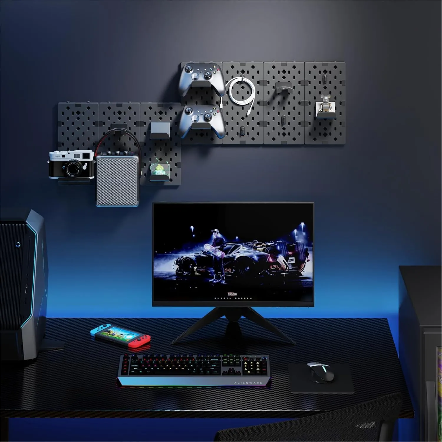PEGZONE Controller and Headphone Holder Wall Mount, Modular Gaming Pegboard with Accessories, Controller Stand for Xbox PS5 PS4 Switch, Video Game Storage, Disc Shelf Organizer, 7pcs Pegboard, Black