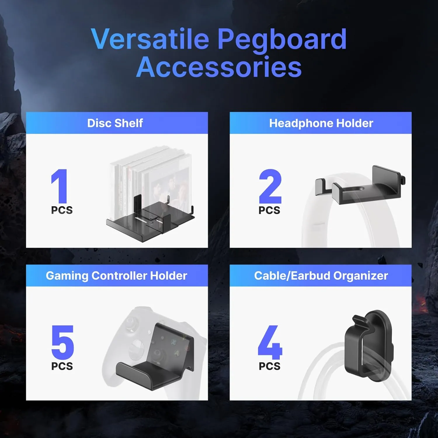 PEGZONE Controller and Headphone Holder Wall Mount, Modular Gaming Pegboard with Accessories, Controller Stand for Xbox PS5 PS4 Switch, Video Game Storage, Disc Shelf Organizer, 7pcs Pegboard, Black